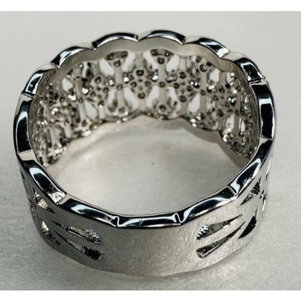Bomb Party Size 7 Clear CZ Wide Lace Statement Ring Rhodium Plated BP